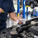 Technician checking engine oil during a multi-point vehicle inspection at Beckwith's Car Care in Humble, TX