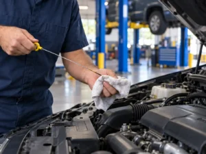Technician checking engine oil during a multi-point vehicle inspection at Beckwith's Car Care in Humble, TX